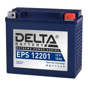Стартерный мото аккумулятор Delta EPS 12201 напряжение 12В,   емкость 20Ач,  клемма Болт + гайка ? 6 мм  (ДхШхВ: 176х87х154мм Полная высота 159мм; Вес 6, 5кг; Кол-во элементов 6; Срок службы 5лет; Гарантия 1год)