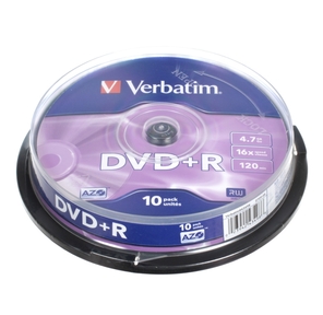 Диск DVD+R Verbatim 4.7Gb 16x Cake Box  (10шт)  (43498)