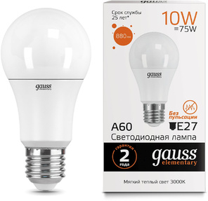 GAUSS 23210 Светодиодная лампа LED Elementary A60 10W E27 880lm 3000K 1 / 10 / 50