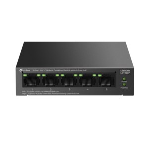 TP-Link LS105LP,  Настольный коммутатор с 5 портами 10 / 100 Мбит / с  (4 порта PoE),  802.3af,  бюджет PoE — 41 Вт,  до 250 метров