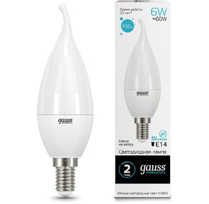 GAUSS 34126 Светодиодная лампа LED Elementary Свеча на ветру 6W E14 450lm 4100K 1 / 10 / 50 0