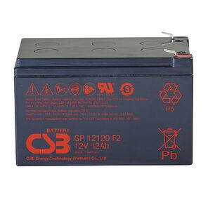 Battery CSB series GP,  GP12120 F2,  voltage 12V,  capacity 12Ah  (discharge 20 hours),  max. discharge current  (5 sec.) 180A,  short circuit current 378A,  max. charge current 3.6A,  lead-acid type AGM,  terminals F2,  LxWxH 151x98x100.3mm.,  weight 3.67kg.,  service life 5 years.