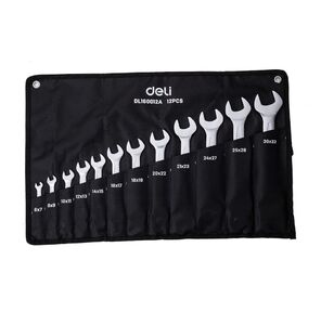 Набор двусторонних гаечных ключей 12 шт Deli DL160012A Спецификация: 6x7мм,  8x9мм,  10x11мм,  12x13мм,  14x15мм,  16x17мм,  18x19мм,  20x22мм,  21x23мм,  24x27мм,  25x28мм,  30x32мм. Матовая хромированная поверхность. Тканевая упаковка.