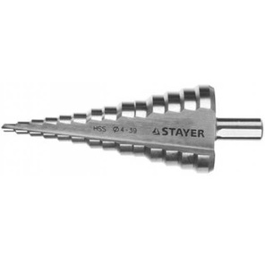 Сверло STAYER "MASTER" ступенчатое по сталям и цвет.мет.,  сталь HSS,  d=4- 39мм, 14ступ.d4-39, L -113 мм,  трехгран.хв. 10мм [29660-4-39-14]