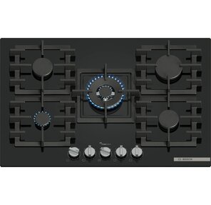 Газовая варочная панель,  75см,  закаленное стекло,  черная,  5 конфорок,  1 WOK-конфорка c 2 контурами пламени,  1 конфорка повышенной мощности,  FlameSelect,  индивидуальные чугунные решетки,  газ-контроль,  автоматический электроподжиг,  сделано в Испании