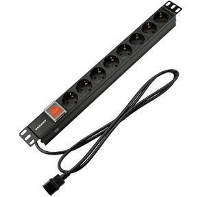 Rexant  (04-0302-1) Блок распределения питания для 19" шкафов,  горизонтальный,  8 розеток СЕЕ 7 / 4,  10A,  выкл,  алюм корп,  шнур 2м,  вилка C14