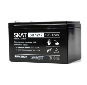 SKAT SB 1212,  12V,  12Ah,  maximum charge current 3.6 A. Terminal type - F1 knife. Case size - 99x151x100. Weight - 3.2 kg. Service life - 6 years. Warranty - 18 months.