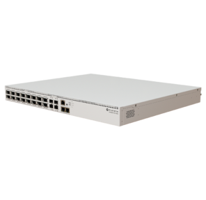 CRS520-4XS-16XQ-RM Cloud Router Switch with Quad-Core AL52400 2 GHz CPU,  4 GB RAM,  98CX8410 switch chip,  2 x 10G Eth ports,  4 x 25G SFP28 ports,  16 x 100G QSFP28 ports,  RouterOS L5,  1U rackmount enclosure,  dual hot-swap PSU,  4 x hot-swap fans