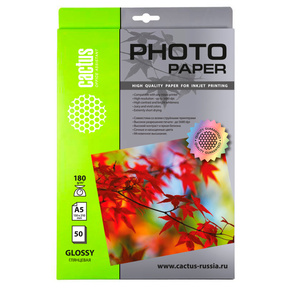 Фотобумага Cactus CS-GA518050 A5 / 180г / м2 / 50л. / белый глянцевое для струйной печати