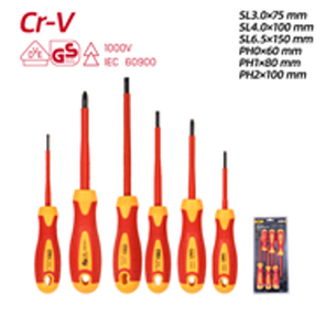 Набор отверток диэлектрических DL510006T  (SL3x75,  SL4x100,  SL6, 5*150,  PH0x60,  PH1x80,  PH2x100),  сталь Cr-V,  сертификат VDE для работ под напряжением до 1000 В