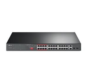 24-port 10 / 100Mbps Unmanaged PoE+ Switch with 2 combo RJ-45 / SFP uplink ports,  rack mount,  24 802.3af / at compliant PoE+ ports,  2 gigabit combo RJ-45 / SFP uplink ports