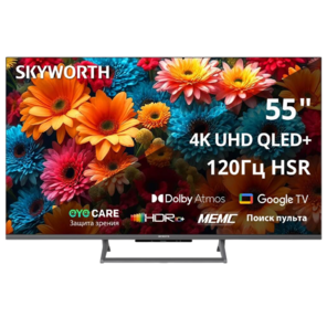 55",  Ultra HD,  QLED,  300Nit,  Google TV,  DVB-T2 / C / S2,  2.0 ch Sound 10W*2 Dolby Atmos,  120Hz,  3 HDMI,  2 USB,  Digital Audio Output,  LAN,  Composite output,  CI,  Выход для наушников,  Central stand,  2025