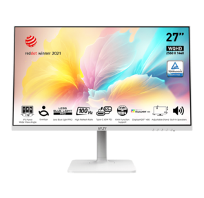 Монитор MSI Modern MD272QXPW 27" 16:9 WQHD (2560x1440) IPS Flat, 1ms (MPRT), HDR 400, 1000:1, 100M:1, 400nit, HDMI, DP, 2xUSB Type-A, USB Type-B, USB Type-C, Speaker, Tilt, Swivel, Height, Pivot, 100Hz, White (white cable), 1y
