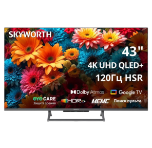 43",  Ultra HD,  QLED,  300Nit,  Google TV,  DVB-T2 / C / S2,  2.0 ch Sound 10W*2 Dolby Atmos,  120Hz,  3 HDMI,  2 USB,  Digital Audio Output,  LAN,  Composite output,  CI,  Выход для наушников,  Central stand,  2025