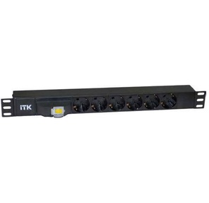 ITK PDU 6 розеток DIN49440  (нем. cтанд.),  с автоматом на 10А, 1U,  без шнура,  вх. IEC320 C14,  алюминиевый профиль,  черный