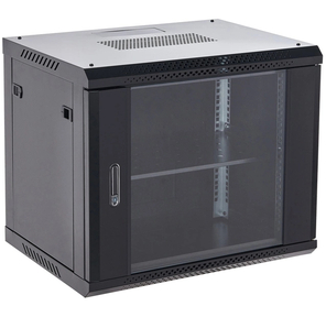 Настенный шкаф Rexant RAL 9005 19" 9U 600×450×501  (ШxГxВ),  дверь стекло,  металлическая задняя стенка,  боковые съемные стенки