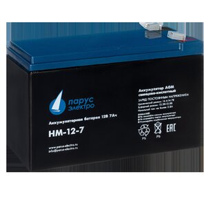 Battery Parus Electro,  standard series HM-12-7,  voltage 12V,  capacity 7.2Ah  (discharge 20 hours),  max. discharge current  (5sec) 105A,  max. charge current 2.88A,  lead-acid type AGM,  terminals F2,  LxWxH 151x65x94mm.,  total height with terminals 100mm.,  weight 2.4kg.,  service life 6 years.