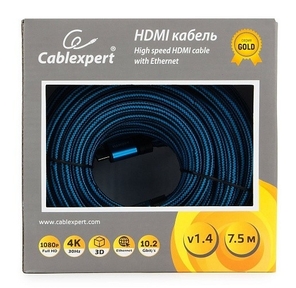 Кабель HDMI Cablexpert,  серия Gold,  7, 5 м,  v1.4,  M / M,  синий,  позол.разъемы,  алюминиевый корпус,  нейлоновая оплетка,  коробка  (CC-G-HDMI01-7.5M)