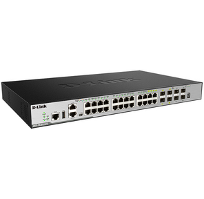 D-Link DGS-3630-28TC / A1ASI,  L3 Managed Switch with 20 10 / 100 / 1000Base-T ports and 4 100 / 1000Base-T / SFP combo-ports and 4 10GBase-X SFP+ ports. 68K Mac address,  Physical stacking  (up to 9 devices),  Sw