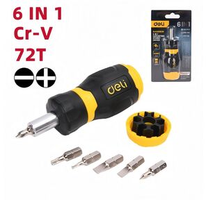 Отвертка с трещоткой с набором бит 6-в-1 Deli DL636182N 6 бит Cr-V  (SL5, SL6, PH0, PH1, T10, T20),  трещотка 72 зуба