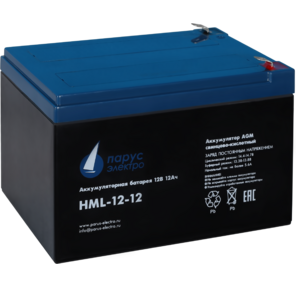 Battery Parus Electro,  professional series HML-12-12,  voltage 12V,  capacity 12Ah  (discharge 20 hours),  max. discharge current  (5sec) 180A,  max. charge current 4.8A,  lead-acid type AGM,  terminals F2,  LxWxH 151x98x95mm.,  full height with terminals 101mm.,  weight 4kg.,  service life 12 years.