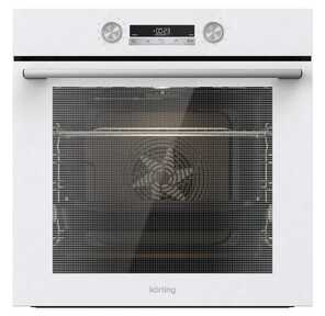 Встраиваемые электрические духовки Korting /  Духовой шкаф с сенсорным управлением VISION LED,  панель управления - стекло,  LED дисплей белого цвета,  10 режимов,  утапливаемые поворотные регуляторы,  объем духовки 77 л,  двухслойное остекление,  каталитическая самоочистка,  очистка камеры Steam cleaning,  режим быстрого нагрева,  функция "Гратен",  автоматическое отключение,  одноуровневые телескопические направляющие,  эмаль легкой очистки,  в комплекте: глубокий противень и хромированная решетка,  цвет: бело