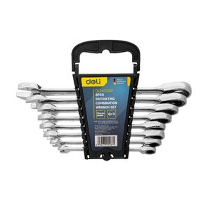 Набор комбинированных ключей с трещоткой 8 шт Deli DL140108T Спецификация: 8, 10, 12, 13, 14, 15, 17, 19мм. Сталь 40 Cr. Трещётка 50BV30 72Т.