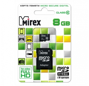 Флеш карта microSD 8GB Mirex microSDHC Class 10  (SD адаптер)