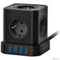 Cablexpert Сетевой фильтр Tower TWR-5-U4-B-3  (Tower 5р,  10А,  4 х USB,  3.1А,  3м,  ур.защиты 4+) черный,  коробка {22553}