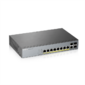 Zyxel GS1350-12HP,  10xGE  (8xPoE+),  2xSFP,  бюджет PoE 130 Вт,  дальность передачи питания до 250 м,  автоперезагрузка PoE-портов,  повышенная защита от перенапряжений и электростатических разрядов